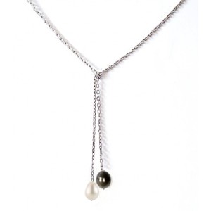 Collier cravatte perles sur chaine, noire et blanche
