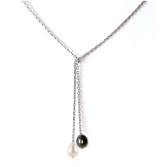Collier cravatte perles sur chaine, noire et blanche